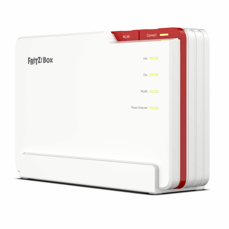 Fritz!Box WLAN-Router in Weiß mit roten Tasten und LED-Anzeigen für Info, Fon, WLAN und Power/Internet. Ideal für schnelles und zuverlässiges Internet zu Hause.