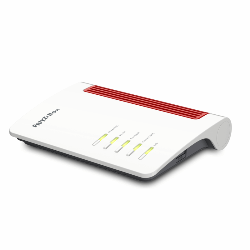 Fritz!Box Router in Weiß mit roten Akzenten, ausgestattet mit LED-Anzeigen für DSL, WLAN, Internetverbindung und Telefonie. Ideal für schnelles Internet und Heimnetzwerke.