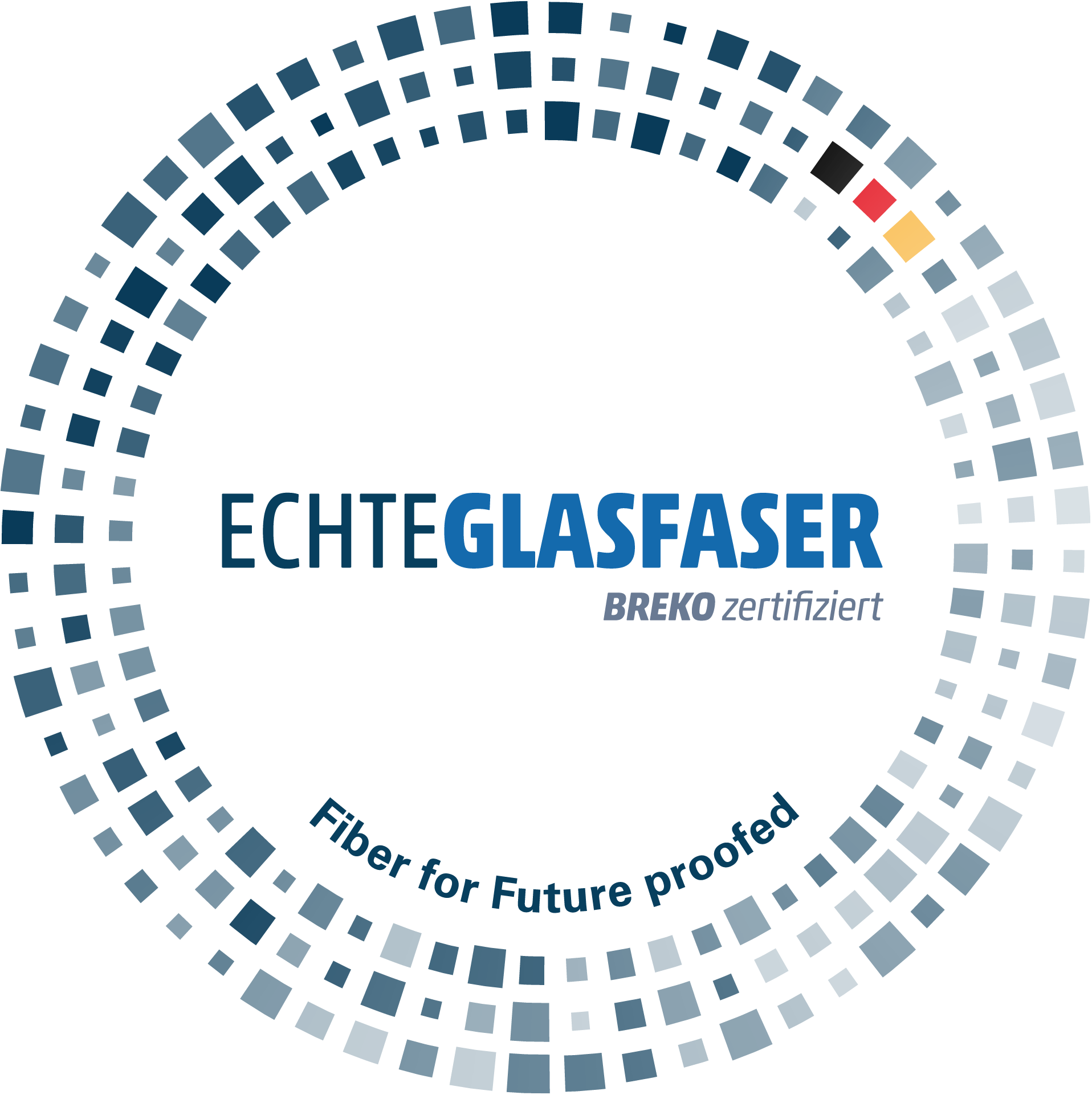 Echte Glasfaser-Logo, zertifiziert von BREKO, mit dem Slogan "Fiber for Future proofed" in einem modernen, grafischen Design.
