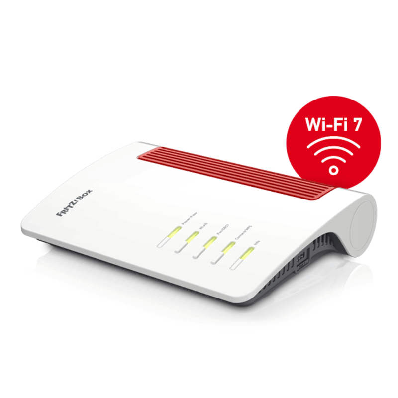 Fritz!Box Router mit Wi-Fi 7, ausgestattet mit mehreren Statusanzeigen für Netzwerkverbindungen und einer modernen, kompakten Bauweise. Ideal für schnelles Internet und stabile Verbindungen im Haushalt.