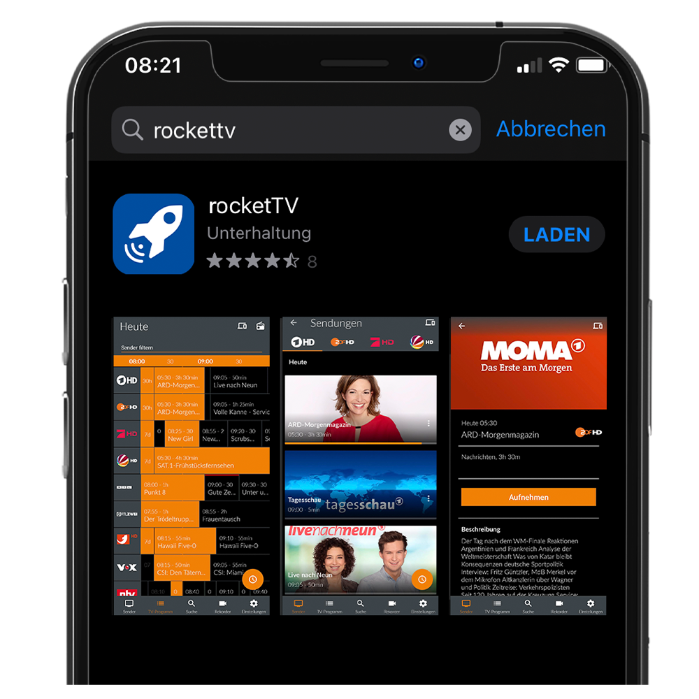 Screenshot der rocketTV App auf einem Smartphone, zeigt aktuelle TV-Sendungen, Programmübersicht und die Möglichkeit, Inhalte herunterzuladen. Die App hat eine Bewertung von 4,5 Sternen und bietet eine Vielzahl von Unterhaltungsmöglichkeiten.