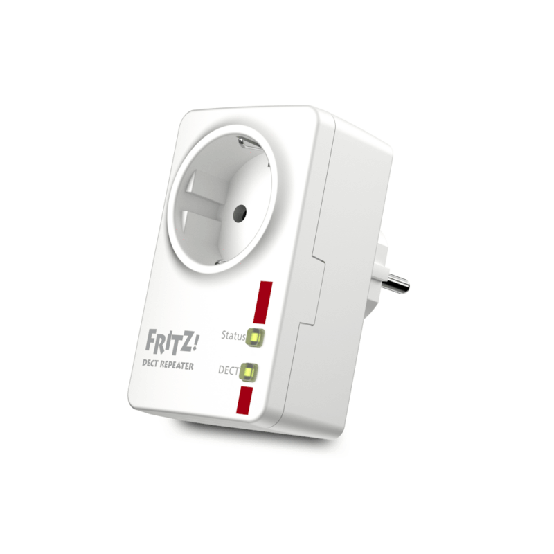 DECT Repeater von FRITZ! in weiß, mit Steckdose und LED-Anzeigen für Status und Verbindung. Ideal zur Erweiterung der Reichweite von DECT-Telefonen.