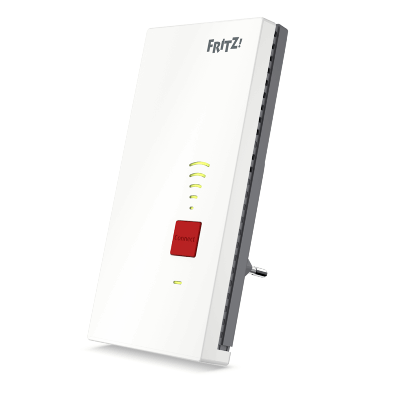 Fritz! WLAN Repeater in Weiß mit Connect-Taste und Signalanzeige, ideal zur Verbesserung der WLAN-Reichweite und -Stabilität in Haushalten.