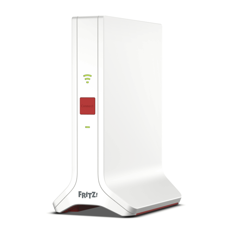 Weißer FRITZ!Repeater mit WLAN-Signalanzeige und rotem Connect-Knopf, ideal zur Verbesserung der WLAN-Reichweite in Privathaushalten.