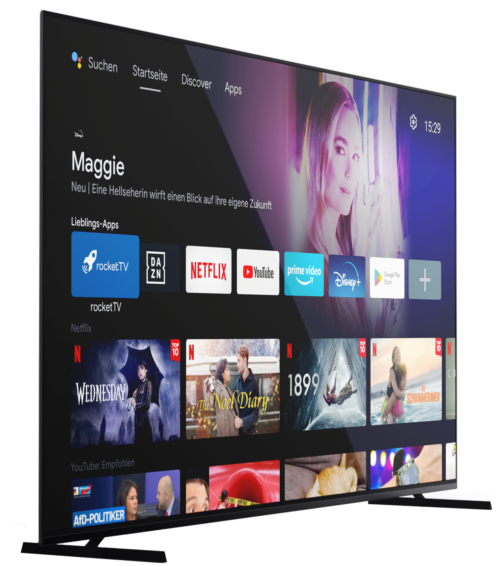 Moderne Smart-TV-Oberfläche mit der neuen Serie "Maggie", die auf Streaming-Diensten wie Netflix, YouTube und Disney+ angezeigt wird. Die Benutzeroberfläche zeigt verschiedene empfohlene Inhalte und Lieblings-Apps.